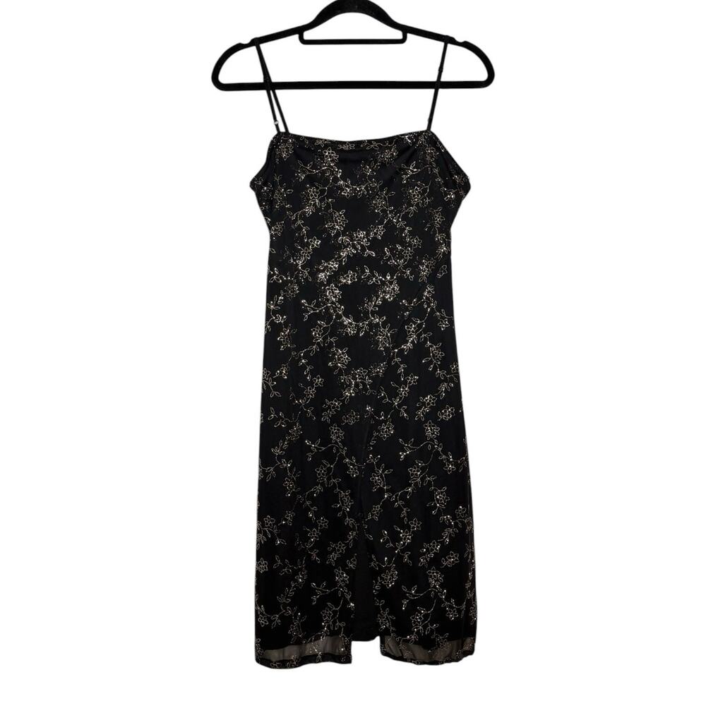 Vintage 90s Y2K Next Up Black Glitter Spaghetti Strap Floral Slip Dress Small